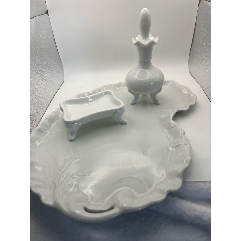 Vintage Maryland China Japan White Ironstone Vanity Set Art Nouveau Dresser Tray
